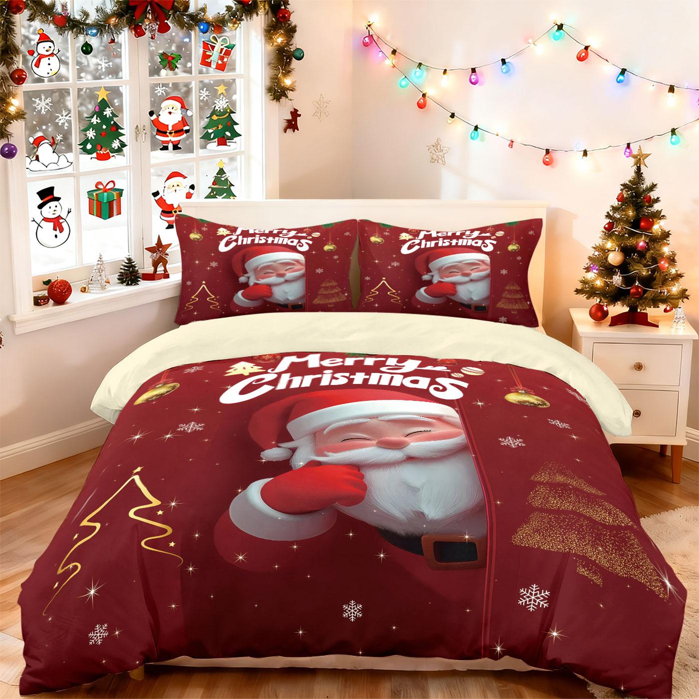 

3pcs cartoon Santa Claus red printed coreless duvet cover set, multi size bedroom bedding, holiday decoration, machine washable 135x200cm-EU-Single&set