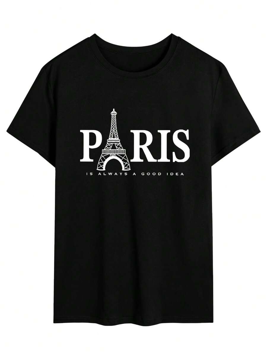 Unisex s Casual Eiffel Tower & Letter Print Round Neck Short Sleeve T-Shirt, Summer S