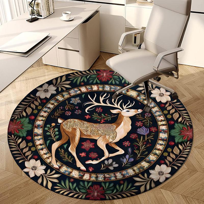 1pc Carpet Chair Mats Golden Deer Amidst Floral Splendor Perfect for Decorating Chairs, Polyester Carpet, for Living Room.YDT645