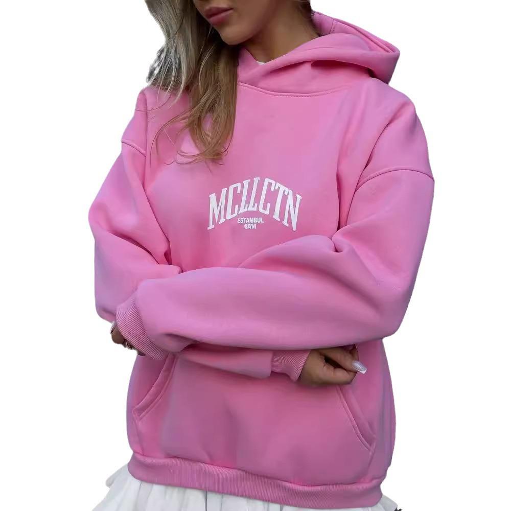 European & American Women's Winter Hoodie with Letter Print & Foam Bag Patch