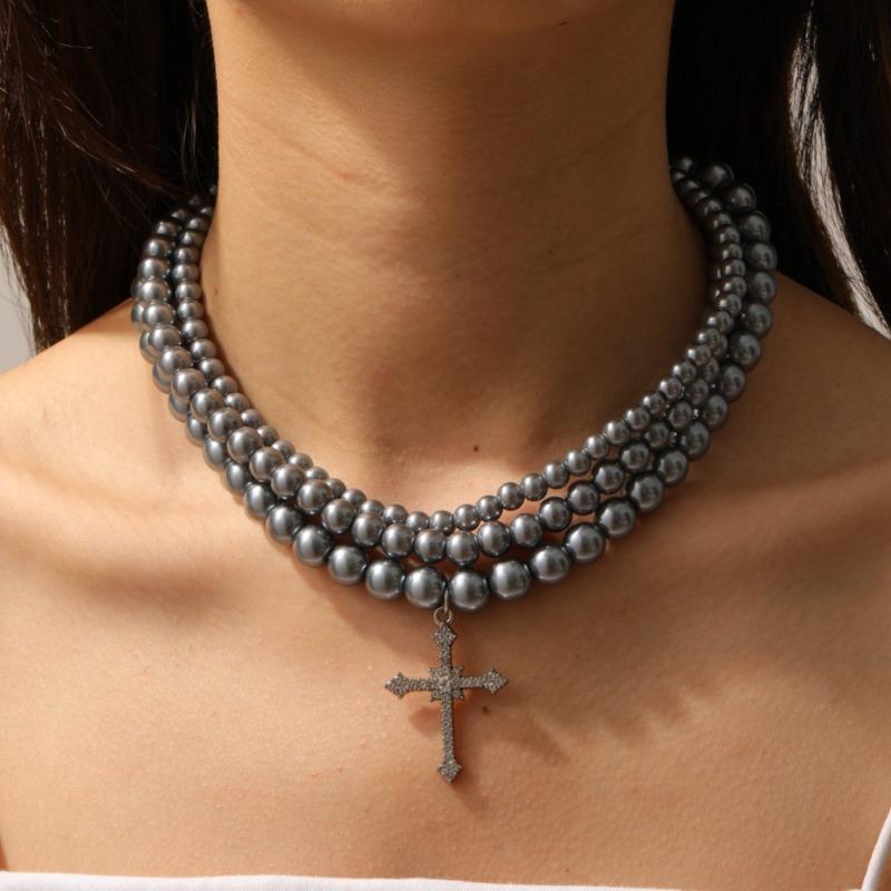 Stacked cross beaded necklace simple versatile accessories niche high-end hip-hop pendant neck chain
