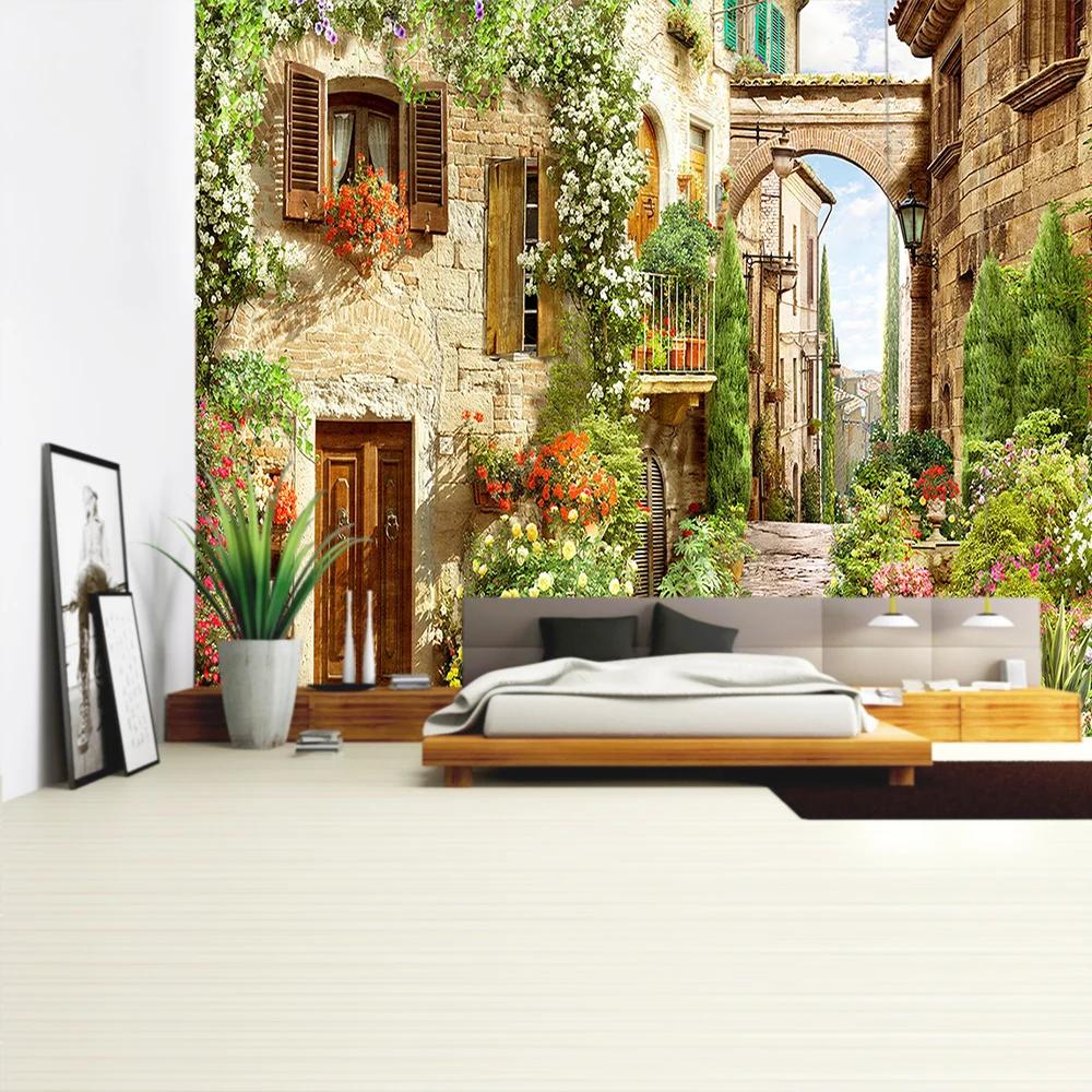 Balcony City Castle Hill Green Plant Landscape Printing Tapestry  Cheap Hippie Wall Hanging Bohemian Wall Tapestries