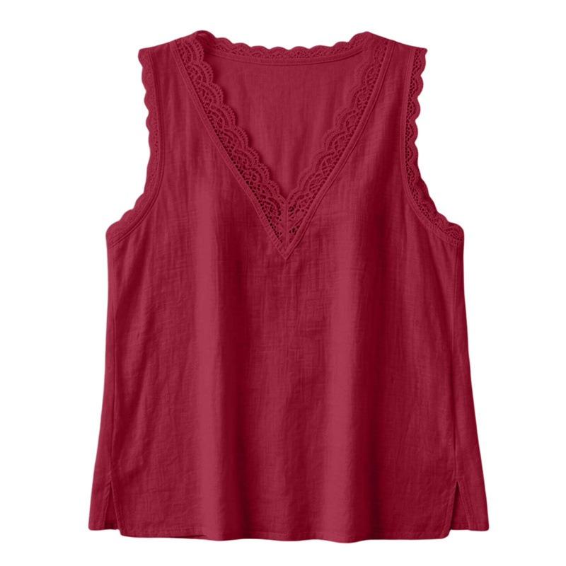 Womens Casual Summer Sleeveless V Neck Lace Trim Shirt