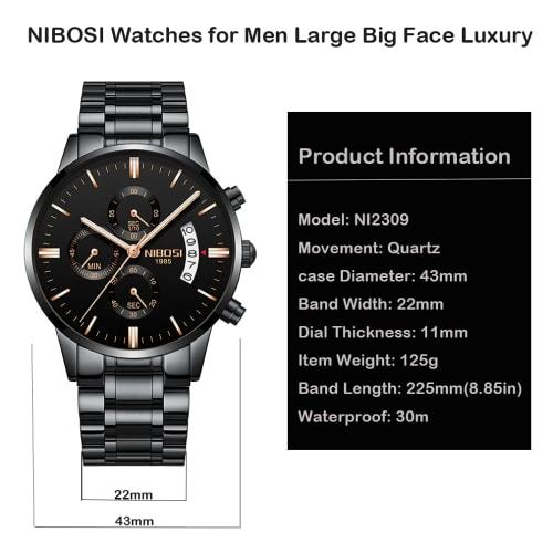 NIBOSI Men's Business Watch, Black, Big Face, Chronograph, Analog, Stylish, Casual, Metal Band, Stainless Steel, Date Display, Fluorescent, Luxury, Fa