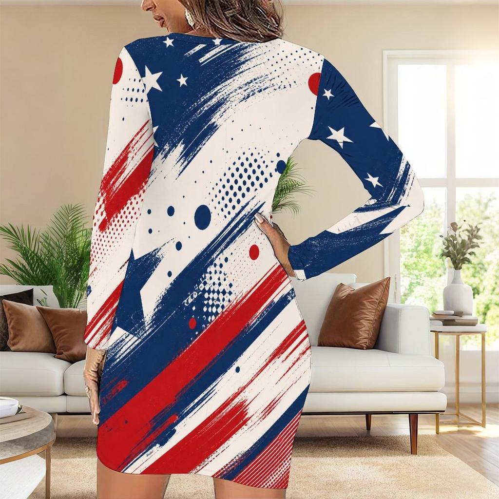 Women Plus Size Round Neck Long Sleeve Printed Beige Bodycon Mini Dress