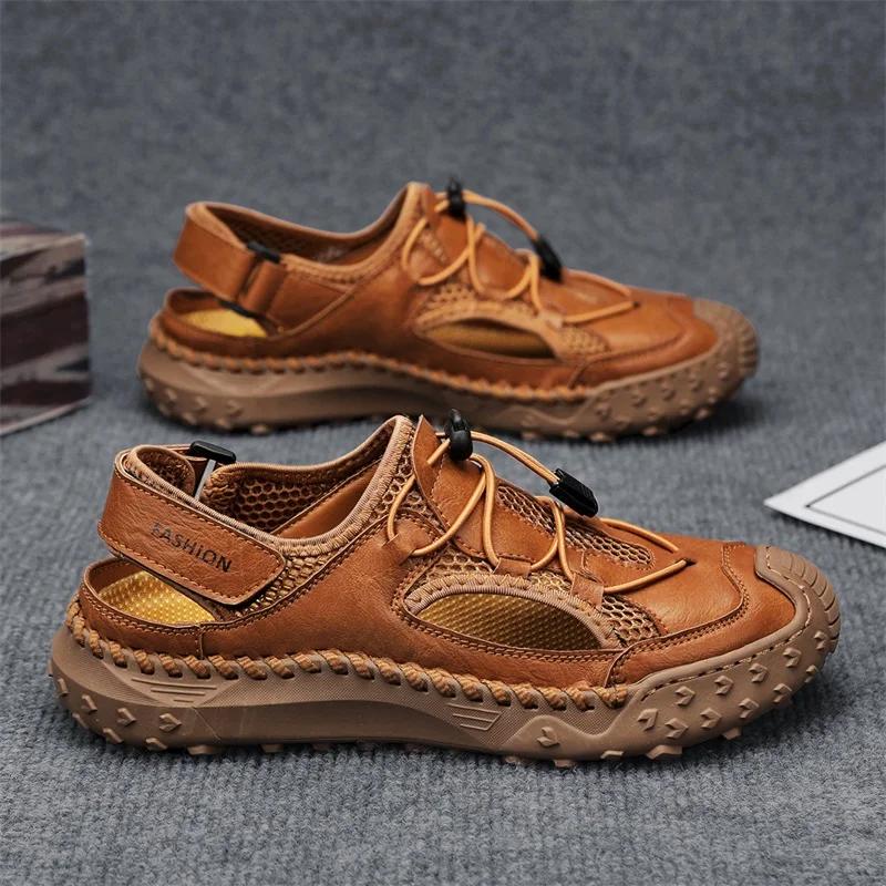 2025 Summer Breathable Men’s Beach Leather Designer Slippers Non-Slip Mule Luxury Roma Gladiator Sandals Men Casual Flip Flops