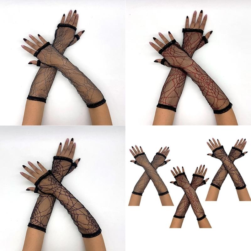 Halloween Gloves for Women Elegant Sun Protection Fingerless Costume Long Glove Spiders Web Lace Gloves for Women