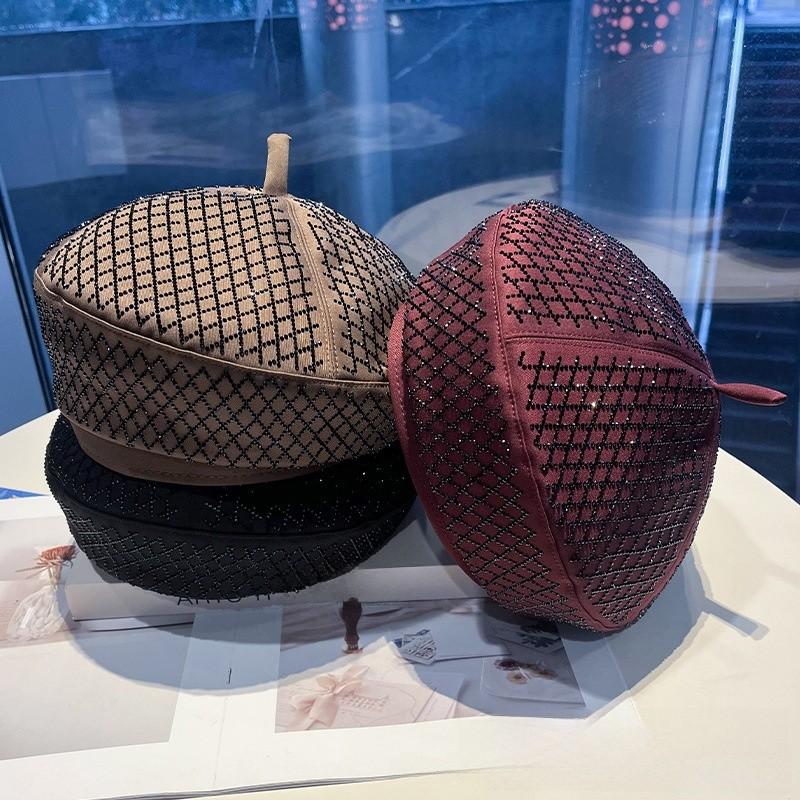 Black Water Drill Check Beret Hat For Women Summer Outdoor Fashion Accessory