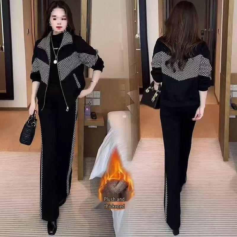 Velvet Plaid Patchwork Women's Suit: Trendy Fall/Winter Age-Reducing Two-Piece Set