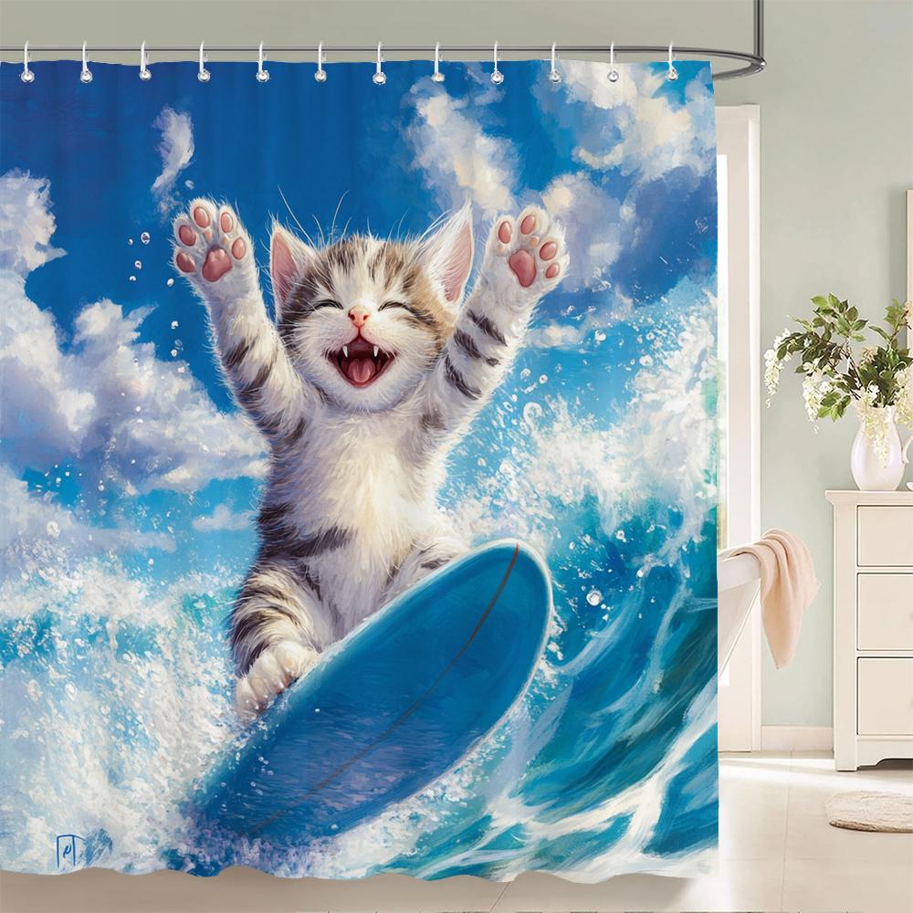 Funny and Creative Beach Cats and Dogs Fabric Shower Curtain Waterproof Polyester Bath Curtains for Bathroom Decorate with Hooks