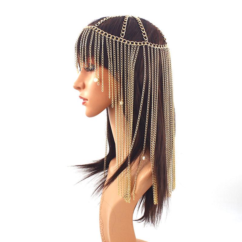 Exaggerated Long Tassel Aluminum Chain Headpiece with Pearl Pendant for Women