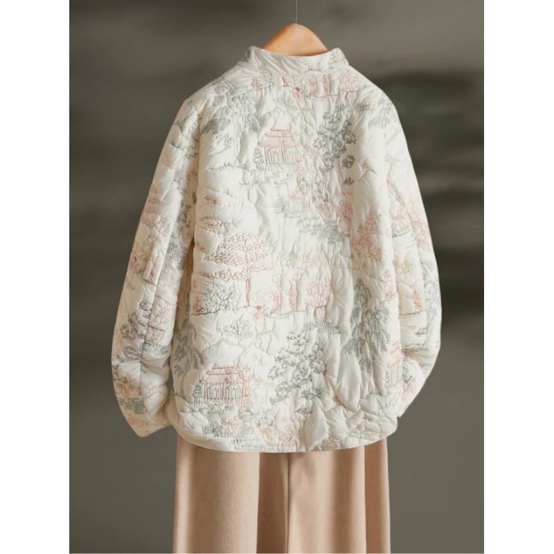 Women's Stand Collar Long Sleeve Single-Breasted Chinese-Style Embroidered Jacket