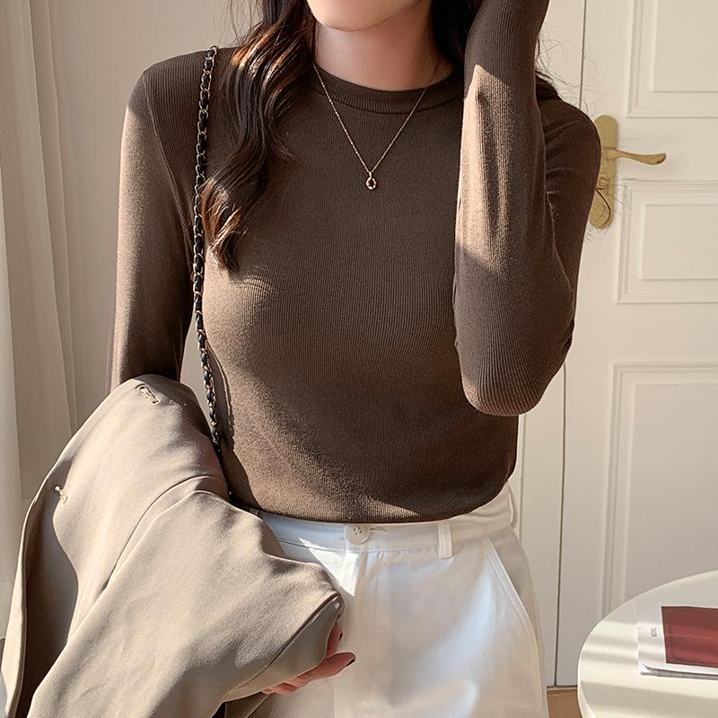 Autumn and Winter Velvet White Small Stand-up Collar Bottoming Shirt for Women with Thread Design, Slim Fit and Brushed Long-sleeved T-shirt Top