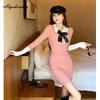 French Style Autumn Winter Women Mini Sweater Dress Peter Pan Collar Pink Gray Bow Knitting Bodycon Dress Warm Knitted Slim Sweet Short Dress