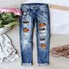Women Mid Waist Straight Leg Ripped Printed Patchwork Denim Long Pants
