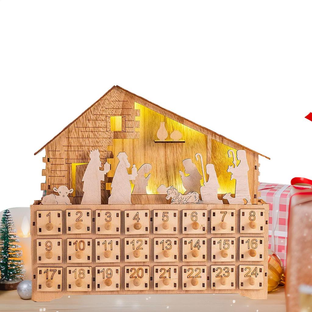 Christmas LED Light Countdown Calendar Cabinet Nativity Scene House Advent 24 Days Wooden Christmas Decor Ornament Crafts