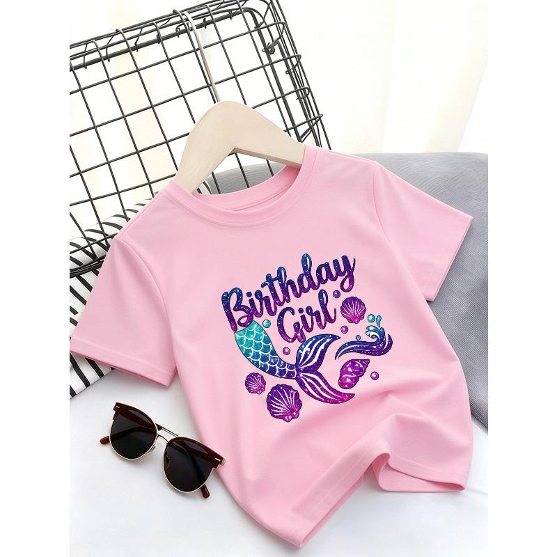 European sizes Girls' Short Sleeve T-Shirt, Birthday Girl Mermaid Letter Pattern Print, Fashionable Comfortable Top