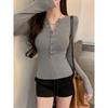Damen Sexy V-Ausschnitt Knopf Langarm Schlankes T-Shirt