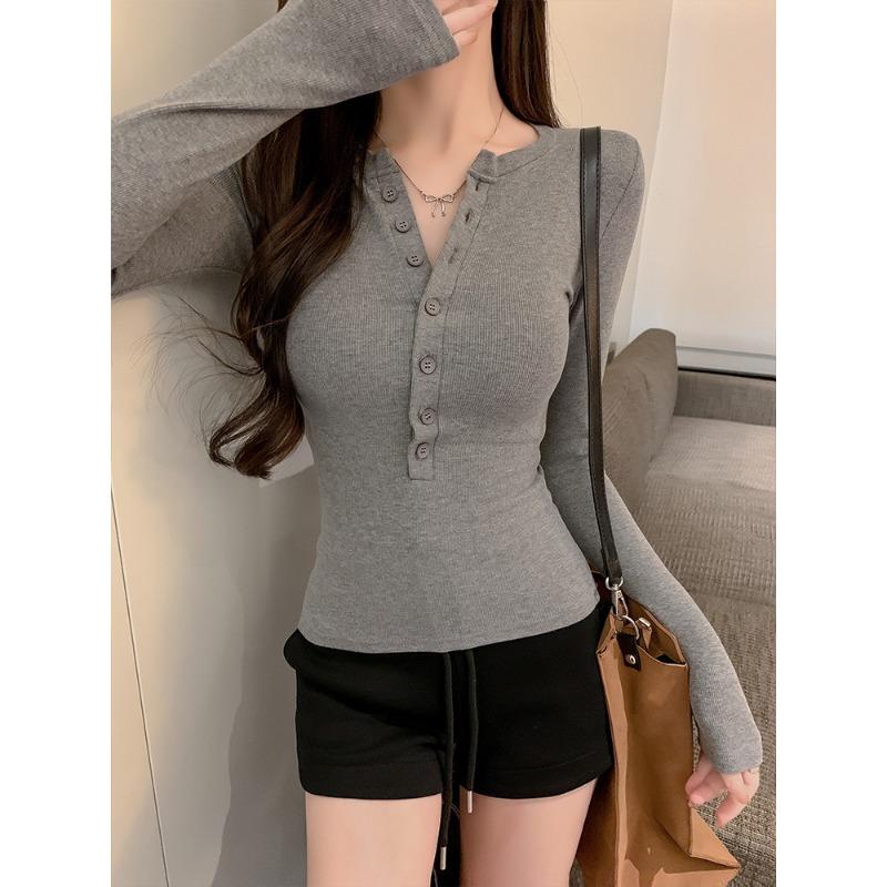 Damen Sexy V-Ausschnitt Knopf Langarm Schlankes T-Shirt