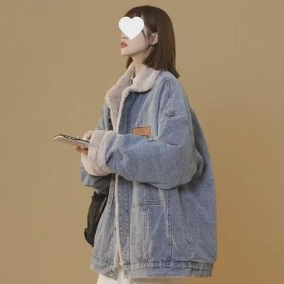 Women's 2024 Hong Kong-Style Lamb Wool Denim Jacket: Thick, Loose, Warm Winter Coat