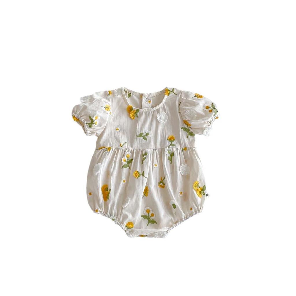 Barboteuse d'été pour bébé fille nouveau-né avec broderie tournesol et manches bouffantes