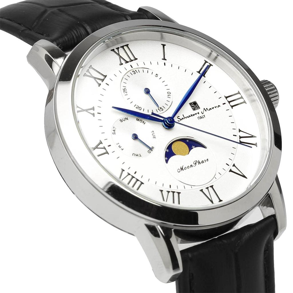 Hodinky Moon Phase Multi Calendar 5 ATM Voděodolný Business formální kožený pásek Limitovaný model Stříbrná Bílá [Salvatore Mara] Pánské SM21106-SSWH