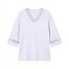 Women Loose Fit V Neck Pullover Top with Hollow Out Trim Three Quarter Sleeve Casual Blouse for Daily Wear Office Home