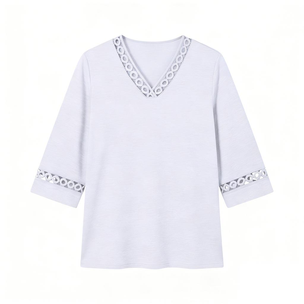 Women Loose Fit V Neck Pullover Top with Hollow Out Trim Three Quarter Sleeve Casual Blouse for Daily Wear Office Home