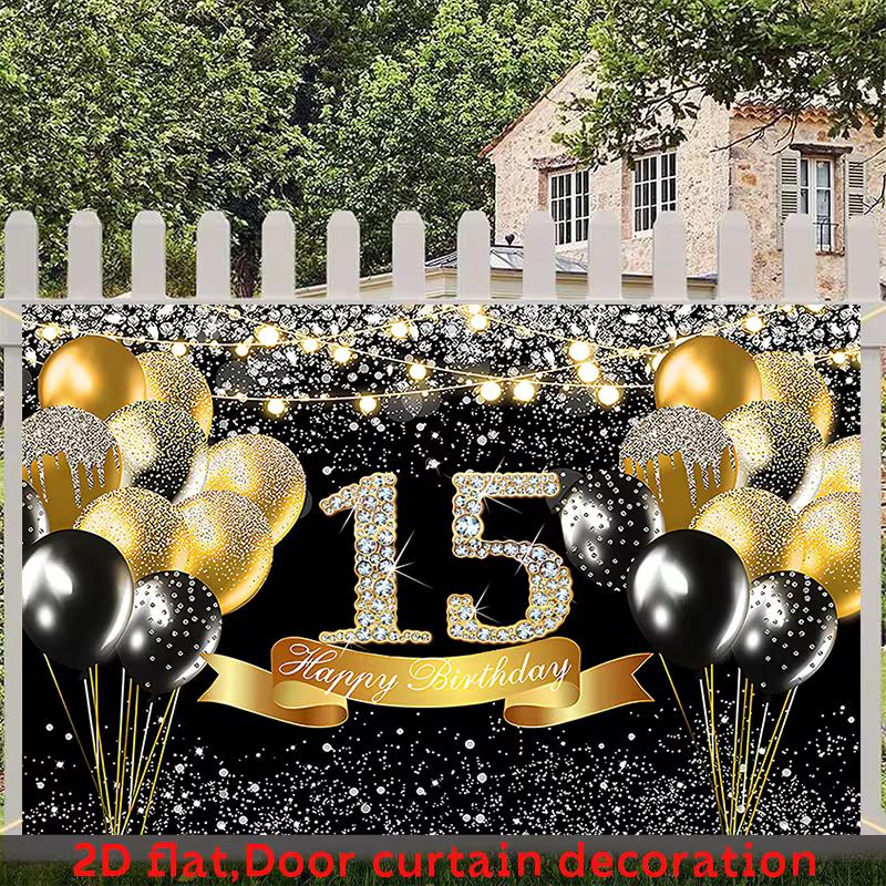 2D Black Gold Glitter Diamond Number 15 Balloon Happy Birthday Backdrop Teen Wall Tapestry