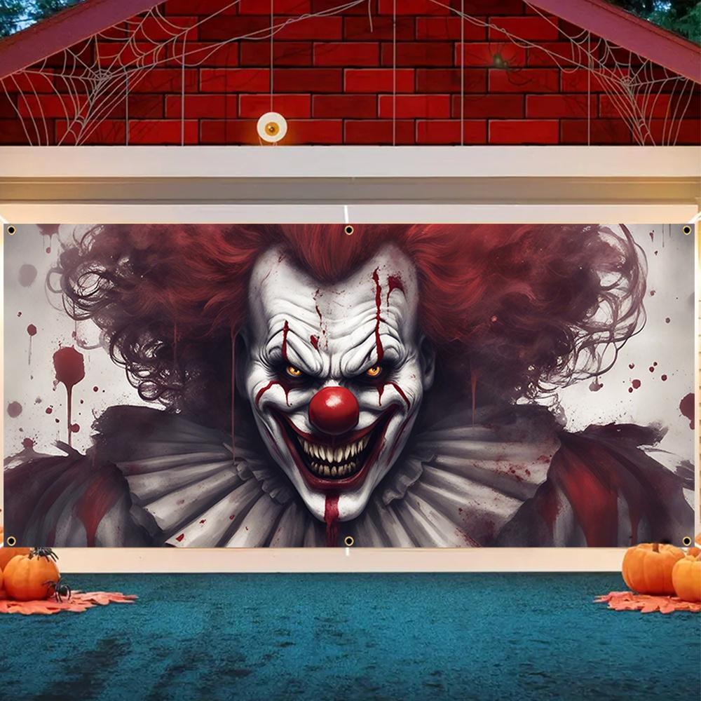 1pc2D Flat Halloween Theme Garage Door Background Cloth Banner - Horror Bloody clown,Halloween Decoration,no Power Required——sjs