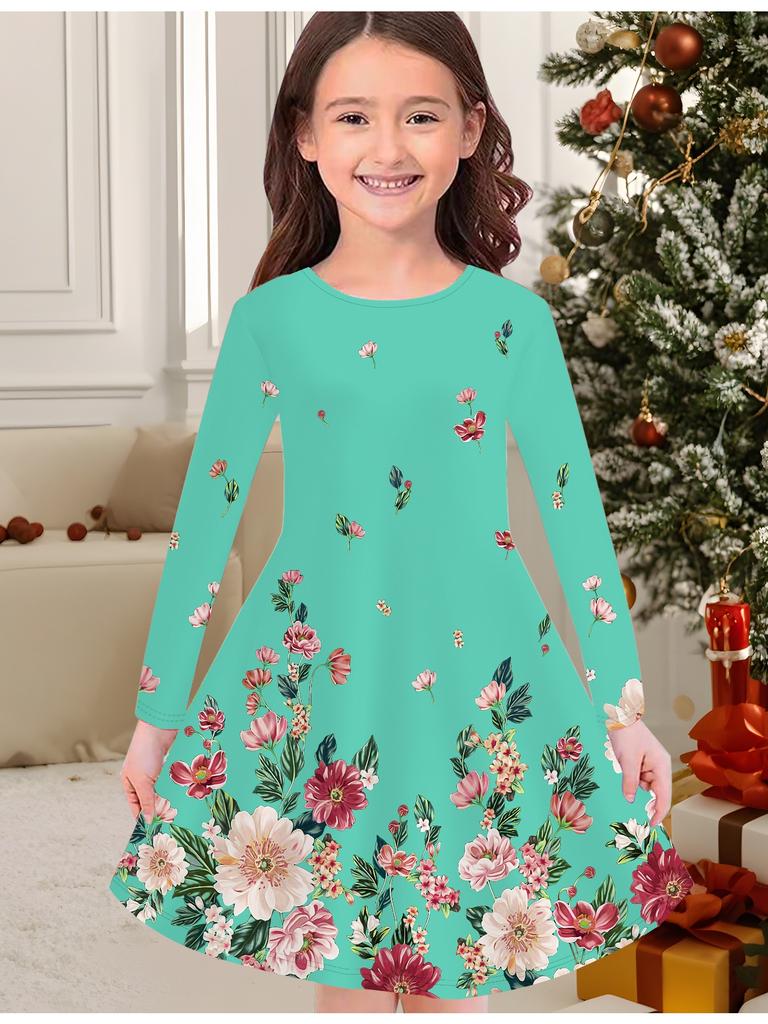 Girls' Autumn and Winter Fashion Dress, 3D Flower Print  Round Neck Long Children's T-shirt Dress, Casual Versatile, Christmas Clothing