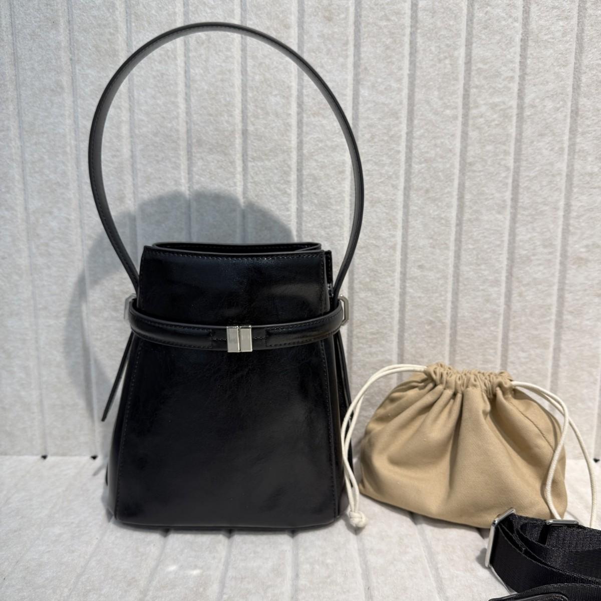 

Vintage Genuine Leather Top Layer Cowhide Bucket Bag Small Fashion Hand Tote Crossbody Bag 2025 Hot High-Grade Sense All-Match 20.5x12.5x22 чёрный