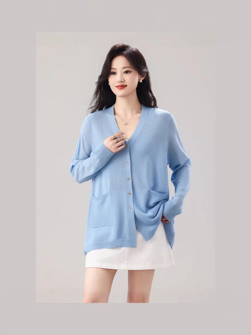 2026 Spring Women s Casual Korean Style Ice Silk Knit Cardigan - Single-Breasted, Long Sleeve, Loose Fit, Plus Size Sweater One Size
