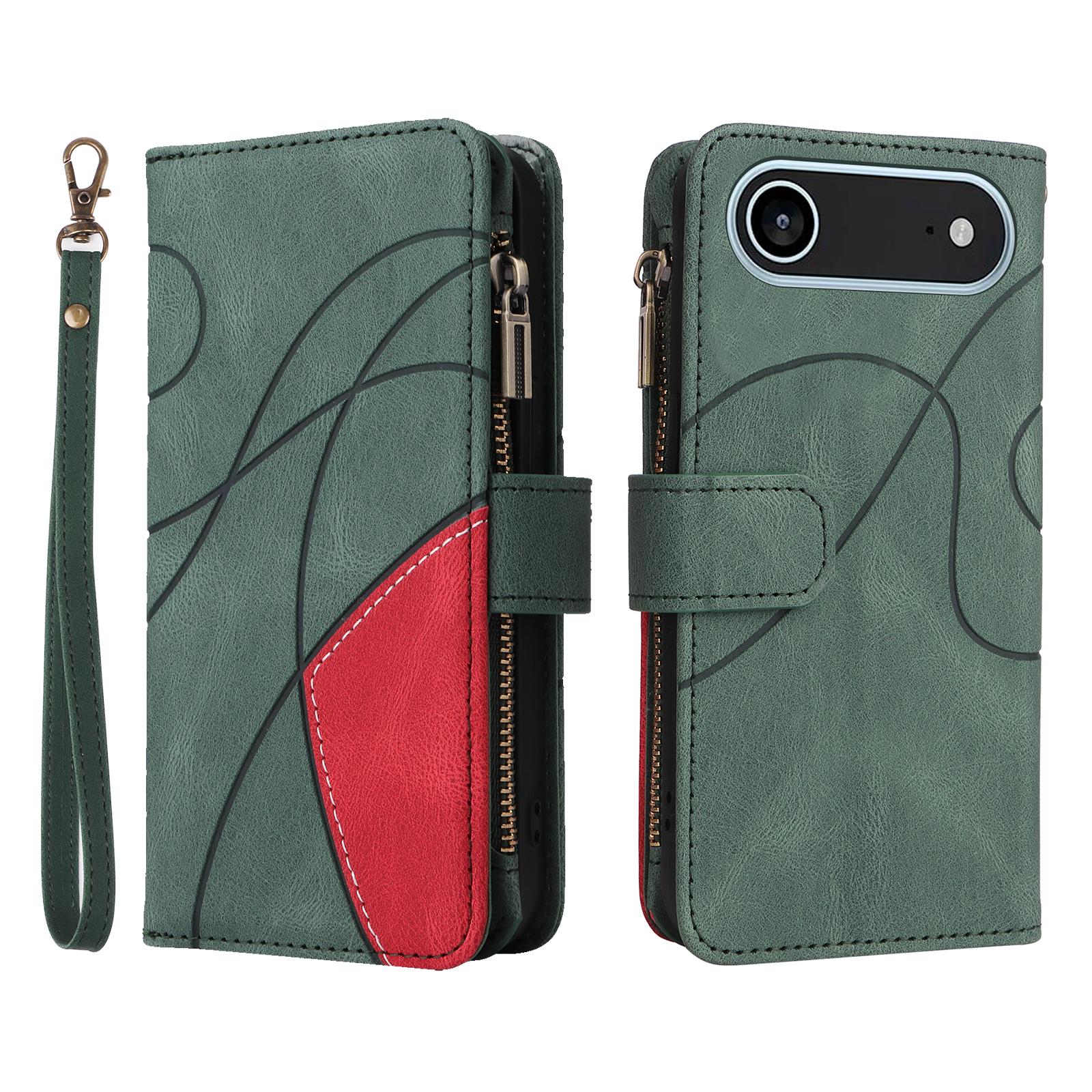 

For iPhone 17 Air Leather Case with Strap Zipper 9 Card Slot Phone Cover Stand Green