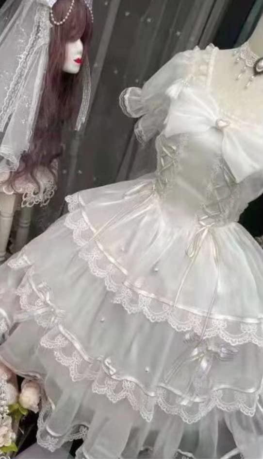 White Dress Lolita One Piece Wedding Cosplay Knee Length [Lady Lazy] (L)