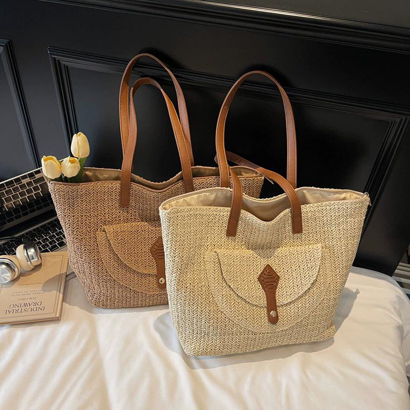 Yogodlns Women's Woven Straw Tote Bag Leather Patchwork Decor Large Capacity Casual Daily Beach Vacation Shoulder Handbag