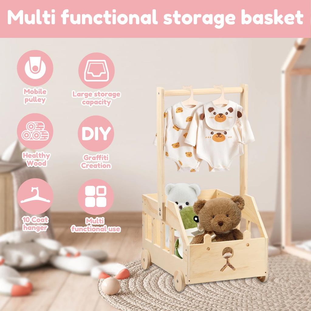 Wood Baby Shower Crate Closet with Wheels Bear Car Shape Baby Shower Basket with Portable Handle for Pregnancy New Parent Home