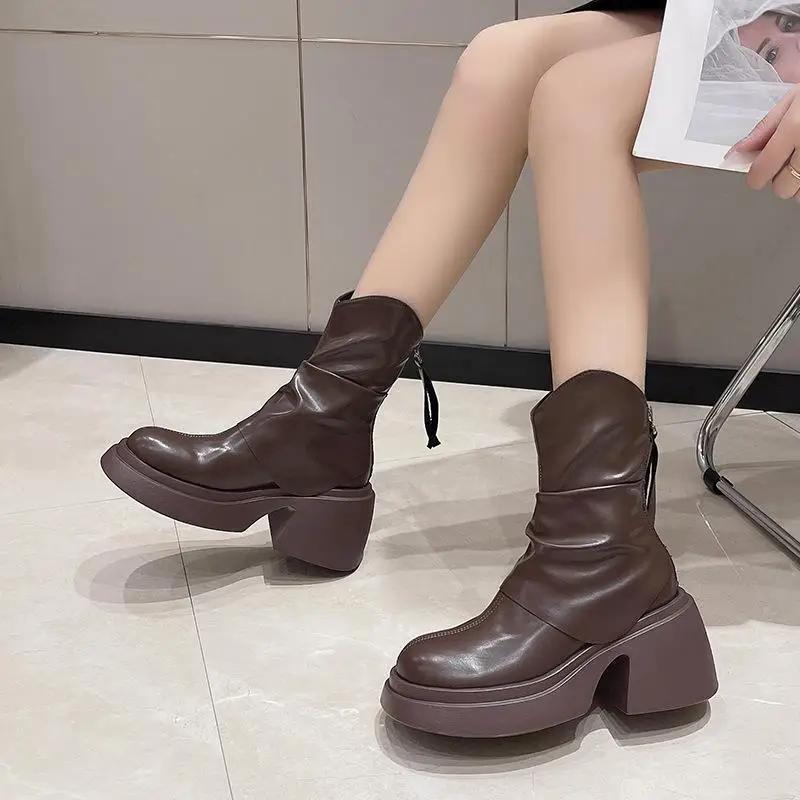 British Round Toe Thick Sole Versatile Retro Boots for Women  New Summer Slimming, Small Stature Taller Short Boots
