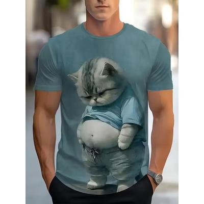Summer Round Neck 3D Cute Cat Print Top Fashionable Casual Short Sleeved Men's T-shirts