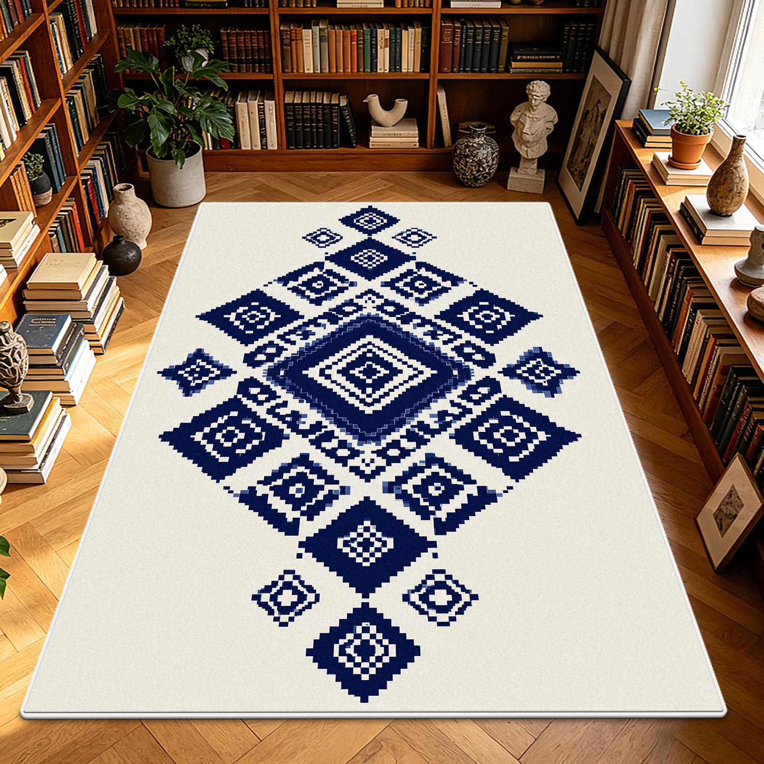 Blauw Wit Geometrisch Tapijt Boho Tribaal Woonkamer Groot Vloerkleed Zacht Antislip Wasbaar Decoratie Slaapkamer Gemakkelijk Schoon Te Maken Vloermatten 1.9x2.9ft(60x90cm)