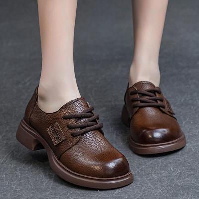 Scarpe stringate in morbida pelle di vacchetta da donna autunno 2023 - Tacco medio spesso, suola morbida, tacco profondo - Abbigliamento per tutte le stagioni.