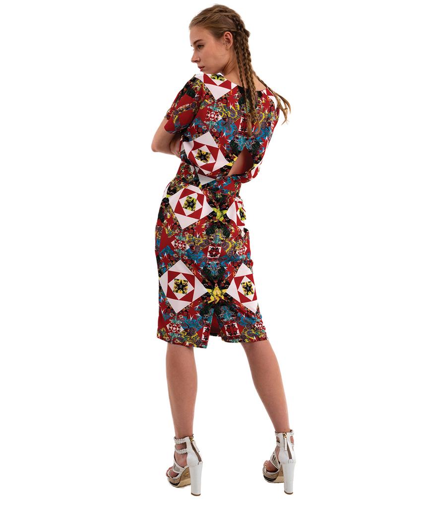 Greedius Red Geometric Short Sleeve Dress