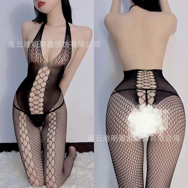 Sexy lingerie one-piece stockings mesh sexy black silk perspective seduction crotch passion free bed large size