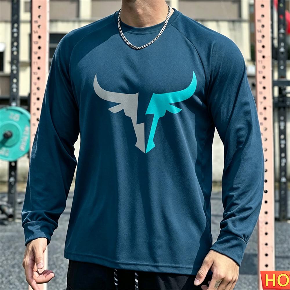 Autumn Men's Long sleeved T-shirt OX Head Men's Fitness T-shirt Polyester Elastic Sports T-shirt Breathable Graphic Gym T-shirt top