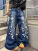 2026 foreign trade new European and American flower printing jeans straight mopping pants