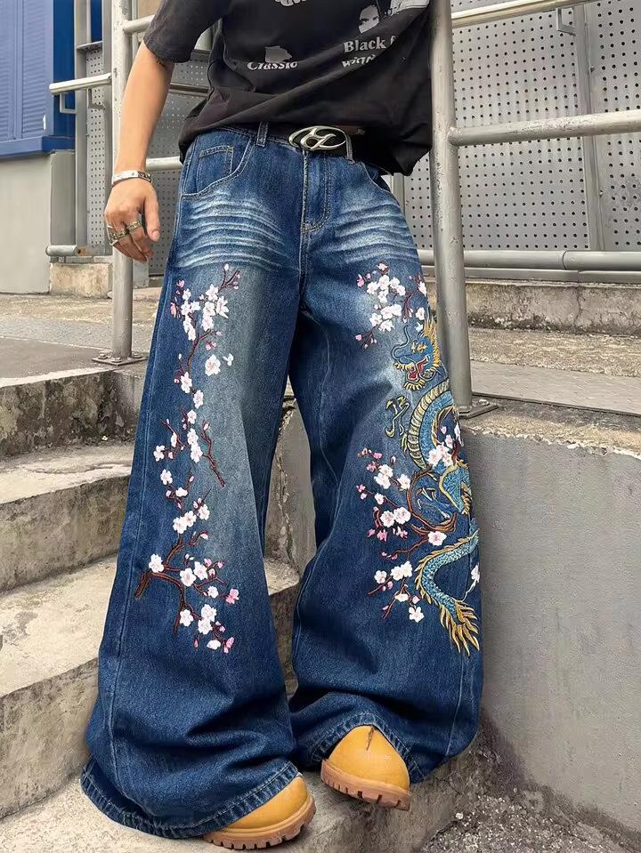 2026 foreign trade new European and American flower printing jeans straight mopping pants