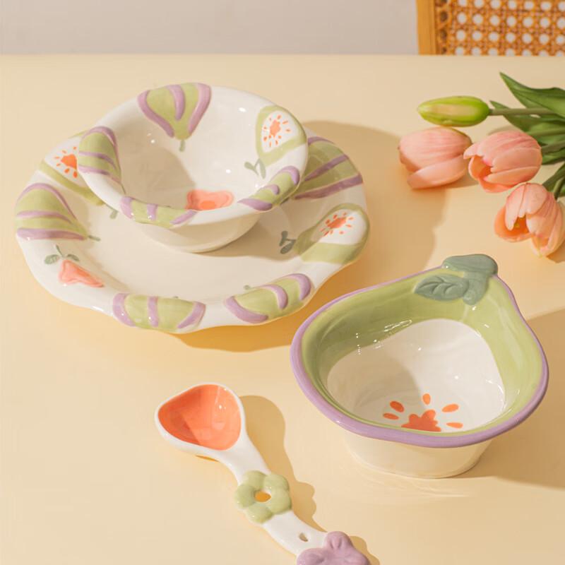 Hua Qing Ge Fruit Party Kids  Ceramic Yogurt Bowl  Spoon Set