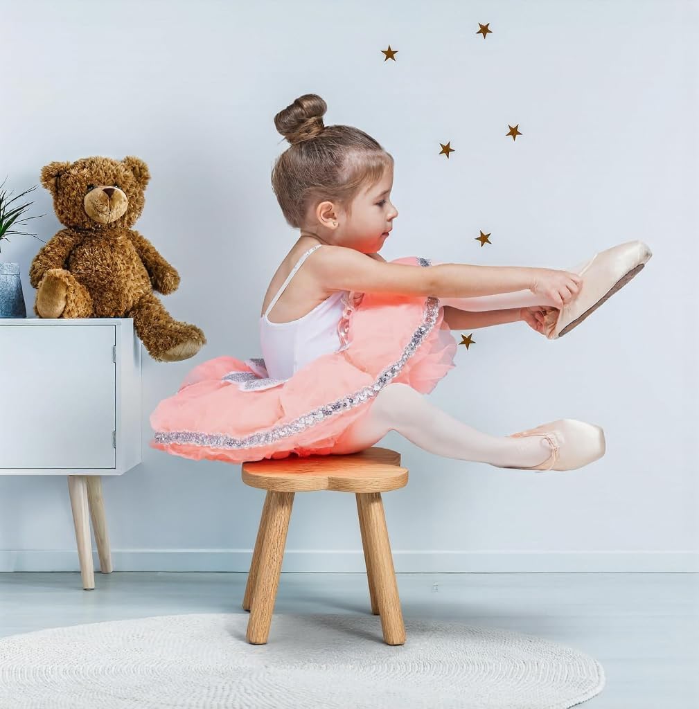 Pinyunxuan Wooden Clover-Shaped Children's Chair, Mini Stool, Round Chair, Low, Small Chair, 24x24cm, Footrest, Plant Stand, 80kg Weight Capacity, Nat