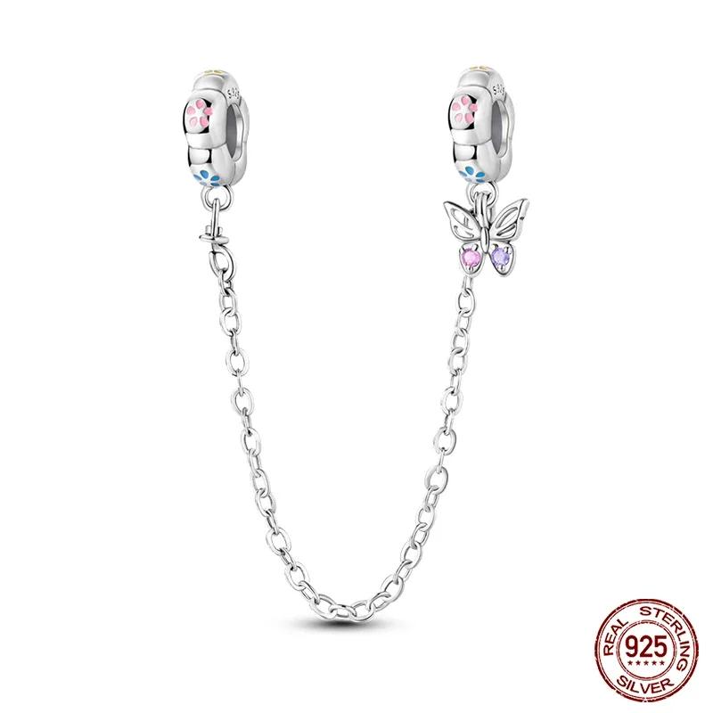 Colgantes de plata de ley S925 con forma de gato, perro, mariposa, flor y cadena de seguridad de color morado, aptos para pulseras originales DIY