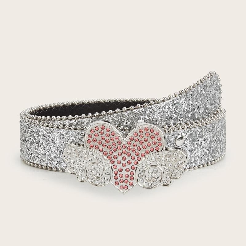 Adult Full Sequins Waist Belt for Dress Waist Belt Rhinestones Heart&Wing Buckle Thin Waist Belt Female Delicate Belt